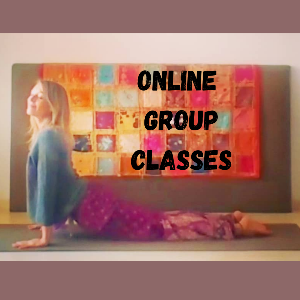Upward-facing Dog Yoga Pose with text Online Group Classes