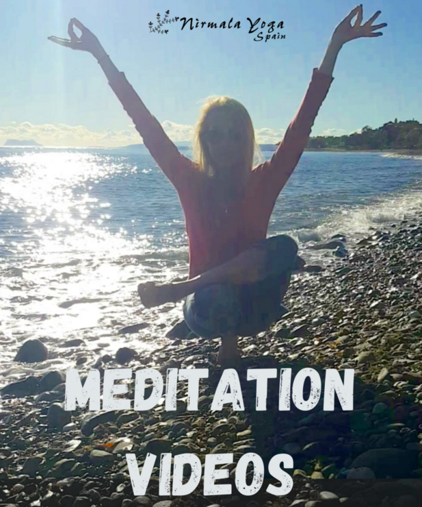 Photo of Nirmala Yoga on Estepona beach with text: Meditation Videos