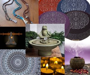 Photos of Mala beads, Cushions, Incense, Candles, Mandala, Binaural Beats image & Water Feature - Meditation Tools