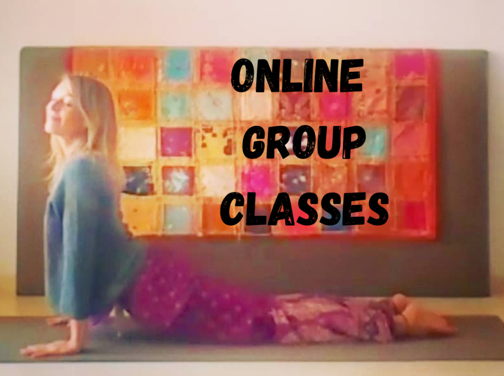 Upward-facing Dog Yoga Pose with text Online Group Classes