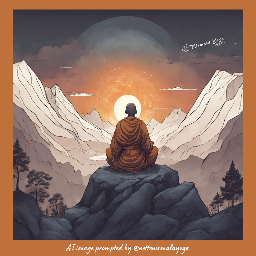 Monk in seated mountaintop meditation. Original AI image.